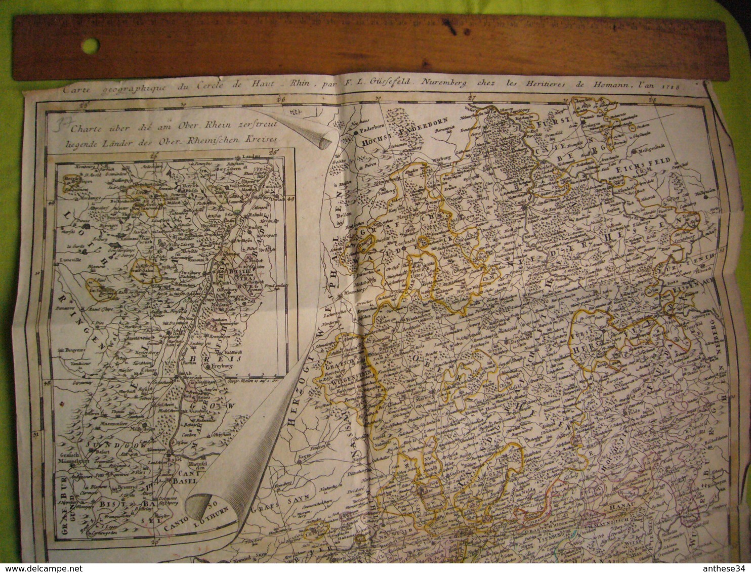 Carte Géographique 1786 Cercle Du Haut Rhin Par Gusefeld à Nuremberg 50X60 Cm Vendue En L'état - Carte Geographique