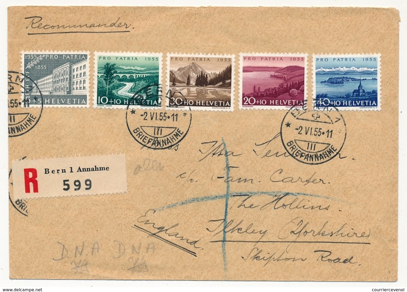 SUISSE - Enveloppe Rec. Depuis Berne - Affranchissement Série Pro Patria 1955 - Cartas & Documentos