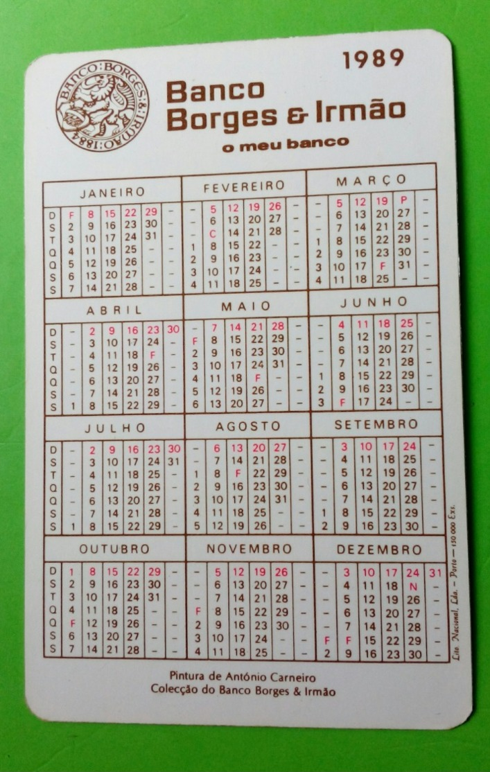 Calendrier De Poche Banque  Borges & Irmao. 1989. Portugal - Klein Formaat: 1981-90