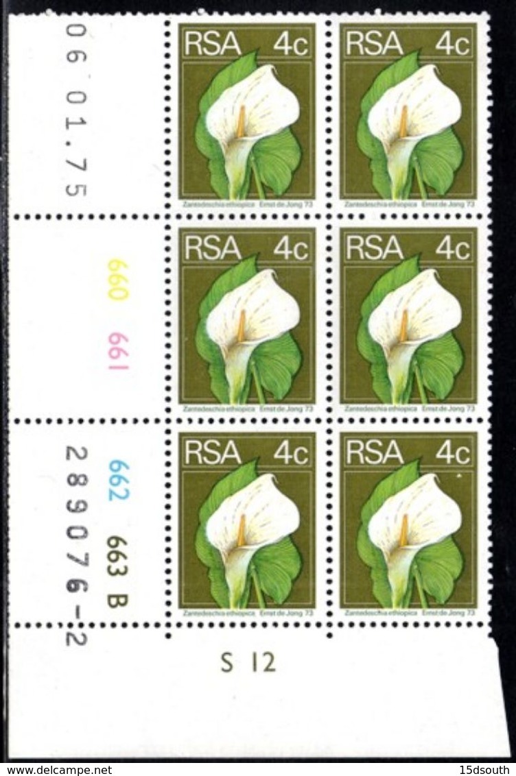 South Africa - 1975 2nd Definitive 4c Arum Lily Control Block (1975.01.06) Pane B (**) # SG 351 , Mi 450 - Blocs-feuillets