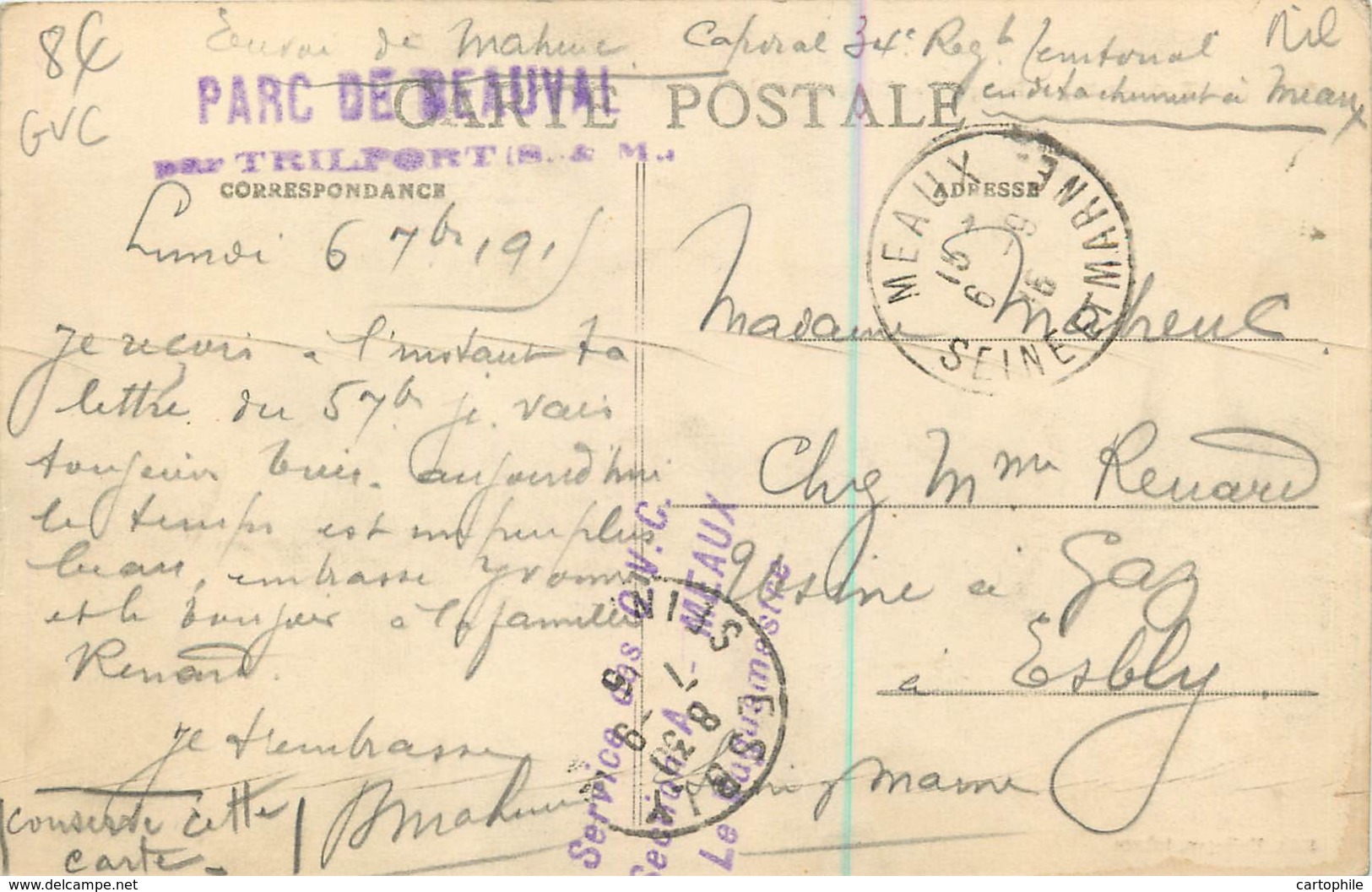 Carte Du Service Des GVC Secteur De MEAUX - Hangars De Dirigeables à Beauval Par Trilport En 1915 - Rare - War 1914-18