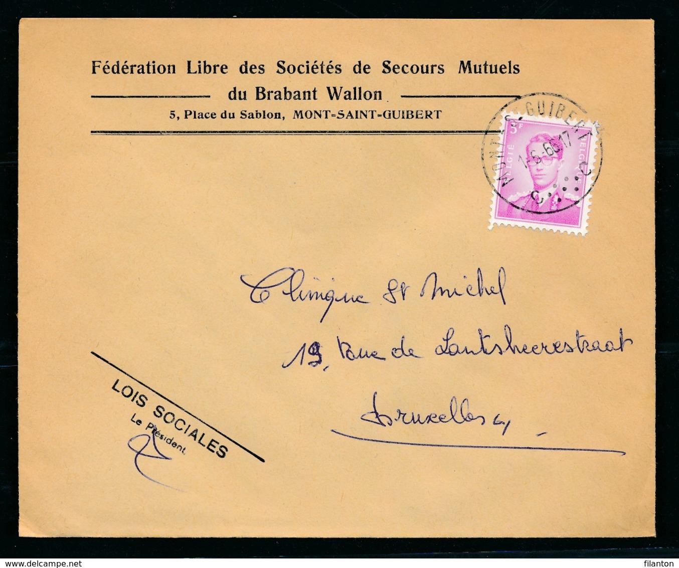 BELGIE - Enveloppe - Cachet  "MONT-ST-GUIBERT" Litt. C - (ref. BR-143) - 1953-1972 Lunettes
