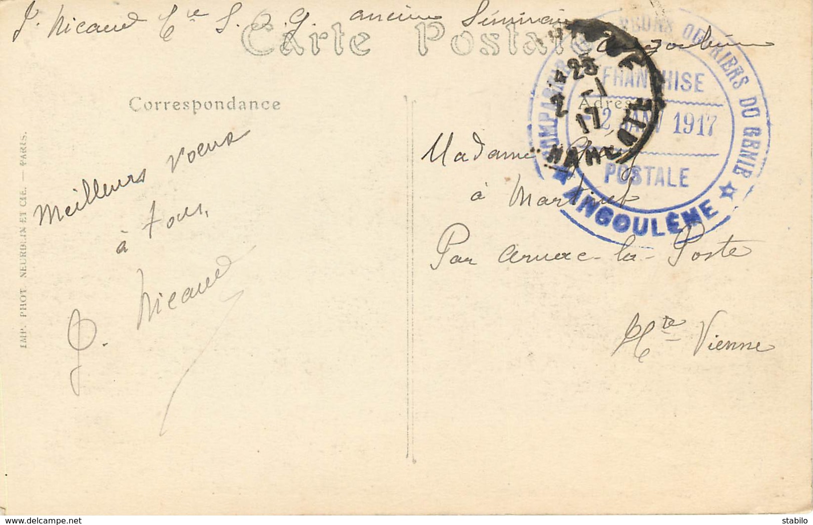 CACHET DE LA COMPAGNIE DE SAPEURS OUVRIERS DU GENIE D'ANGOULEME (CHARENTE) - WW I