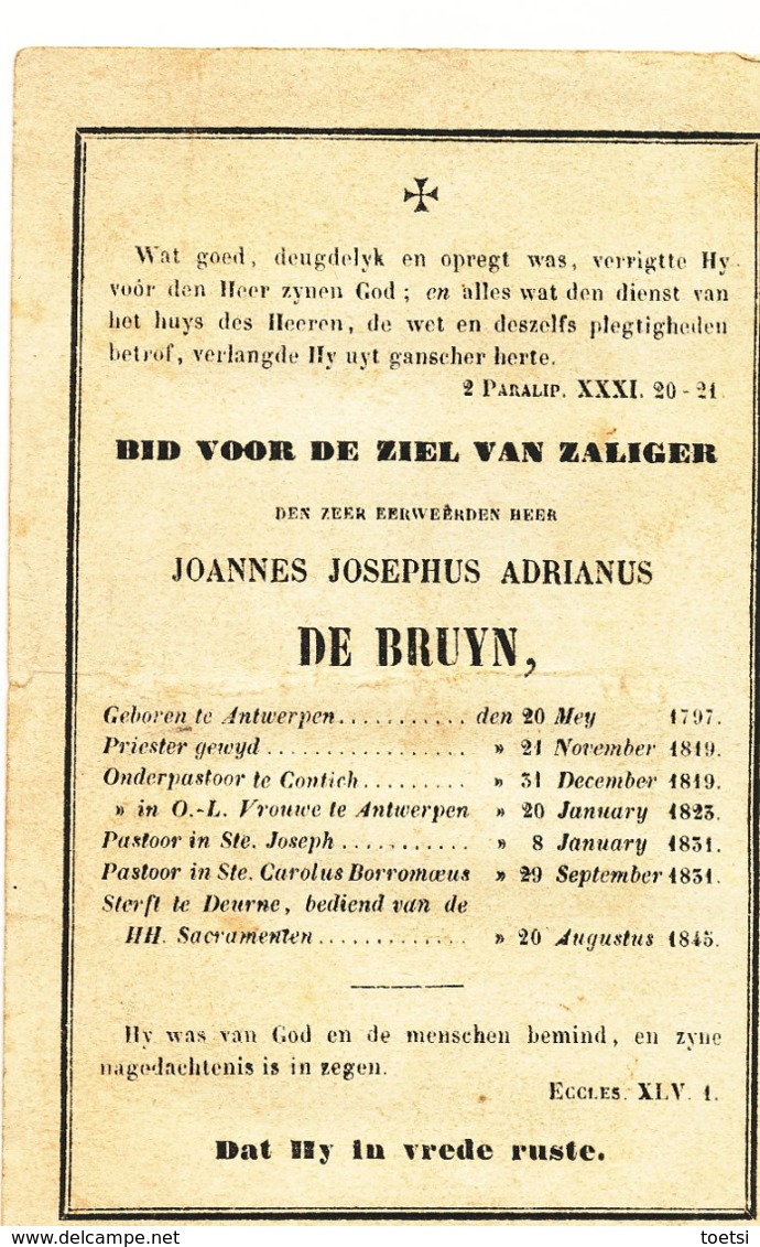 Doodsprentje Image Pieuse ANTWERPEN  PASTOOR CURE  DEURNE  De Bruyn Joannes 1797 1845 - Religion & Esotérisme