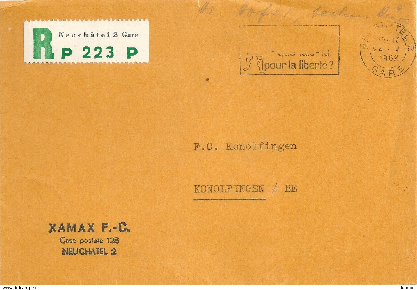 R PP Briefvs  "Xamax FC, Neuchâtel"          1962 - Covers & Documents