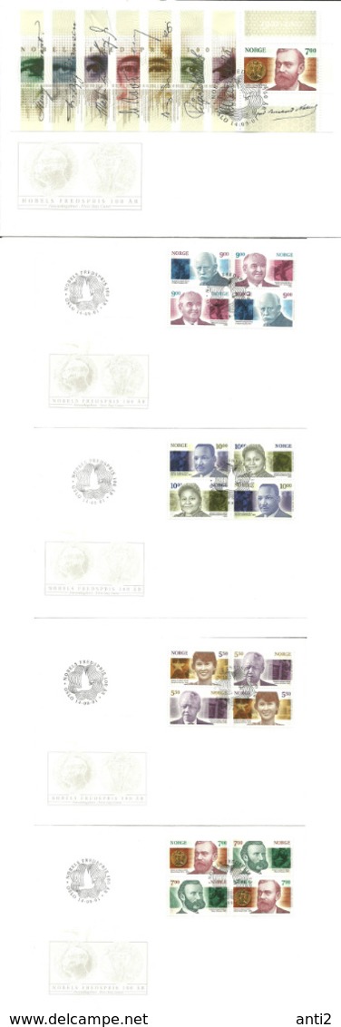 Norway 2001 100 Years Nobel Peace Prize, Mi 1401-1408 And Bloc 22  - 5 FDCs - Covers & Documents