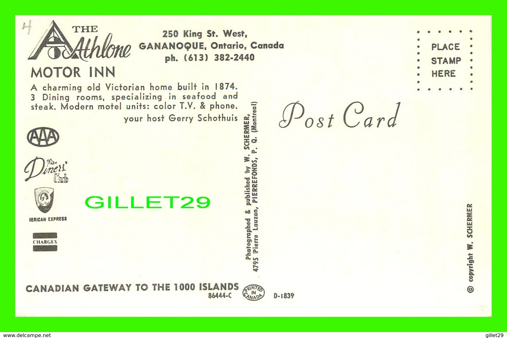 GANANOQUE, ONTARIO - THE ATHLONE MOTOR INN -  W. SCHERMER - - Gananoque