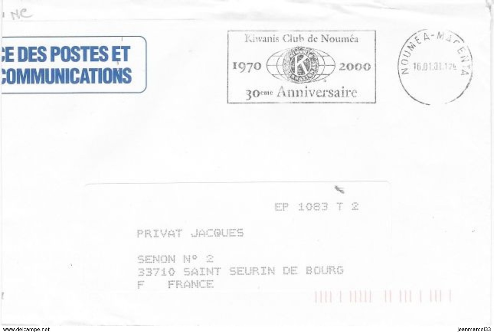 Nelle Calédonie Nouméa-Magenta 16.01.01 Flamme Illustrée =o "Kiwanis Club De Nouméa 1970 2000 30e Anniversaire - Storia Postale