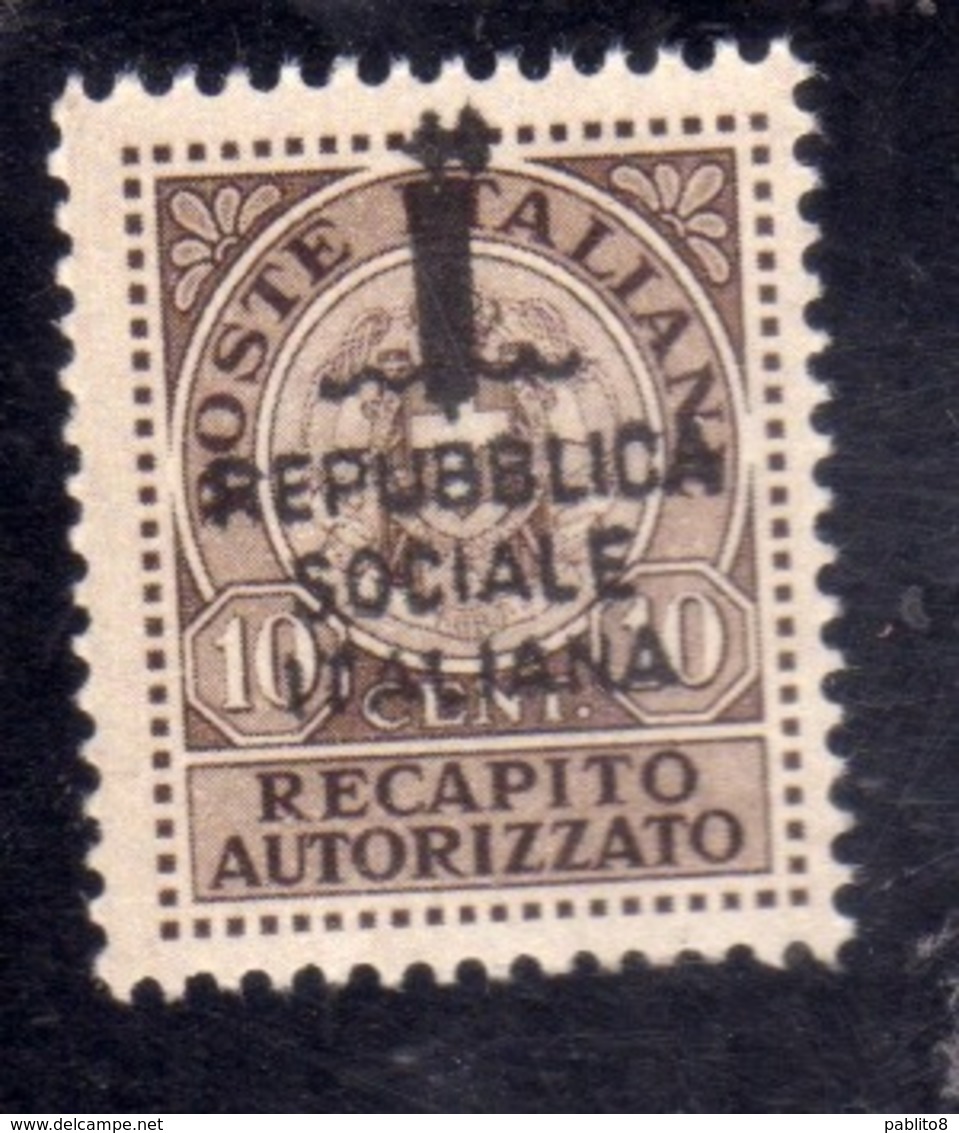 ITALIA REGNO ITALY KINGDOM 1944 RSI REPUBBLICA SOCIALE RECAPITO NON EMESSO CENT. 10c MNH FASCIO FIRMATO SIGNED - Nuovi