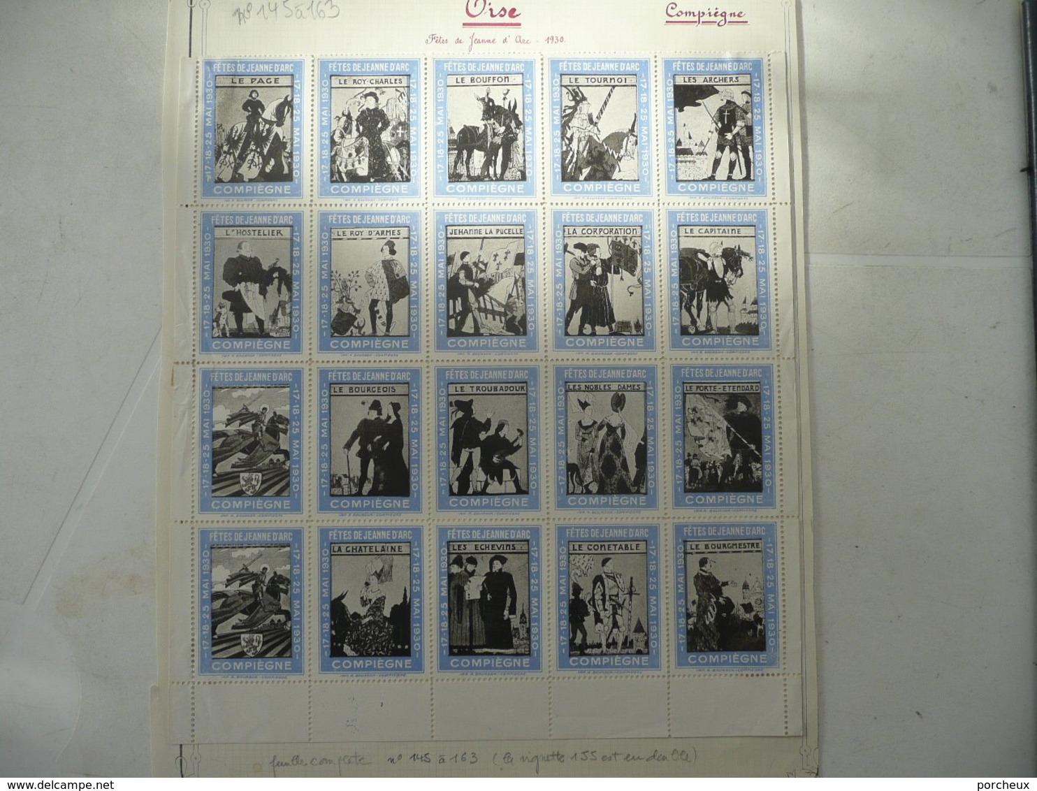 Rare Feuille Complète Vignettes Jeanne D'arc Compiegne 1930 . Feuille De 20 Vignettes . Les Dessins Sont De PINCHON - Erinnofilia