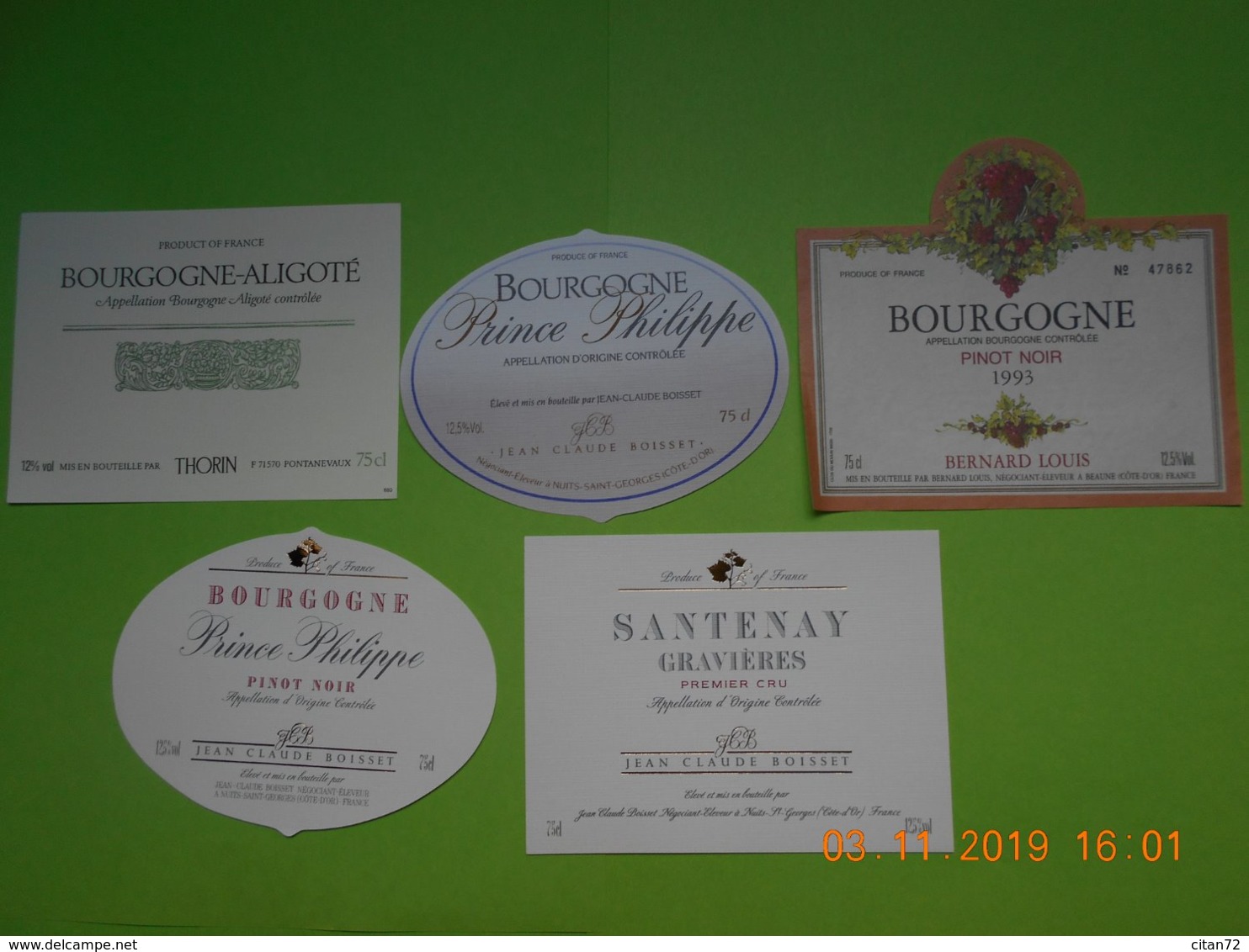 Lot De 5 étiquettes De Vin " BOURGOGNE   " - Collections & Sets