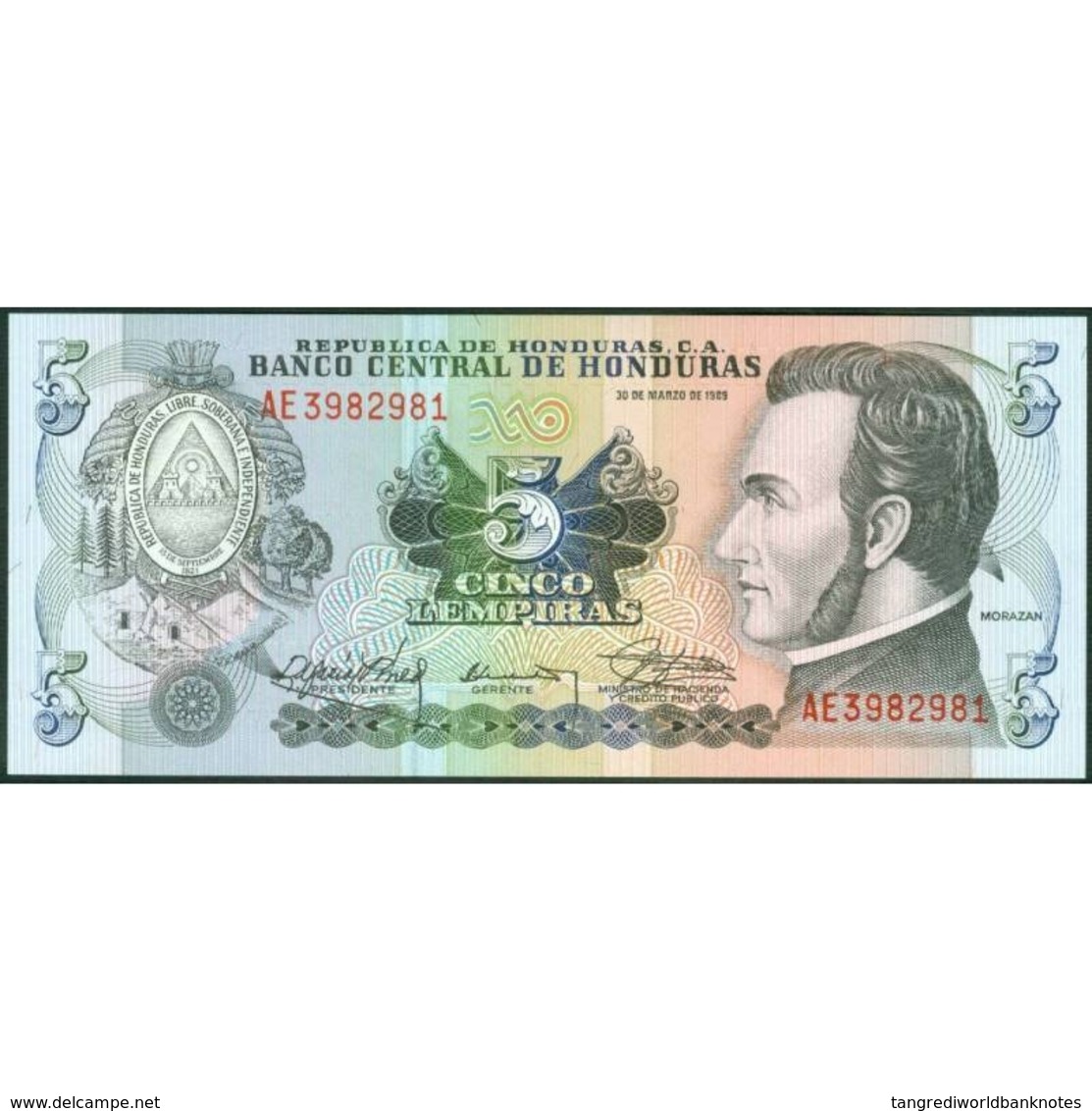 TWN - HONDURAS 63b - 5 Lempiras 30.3.1989 Prefix AE - Printer: THOMAS DE LA RUE & COMPANY, LIMITED﻿ UNC - Honduras