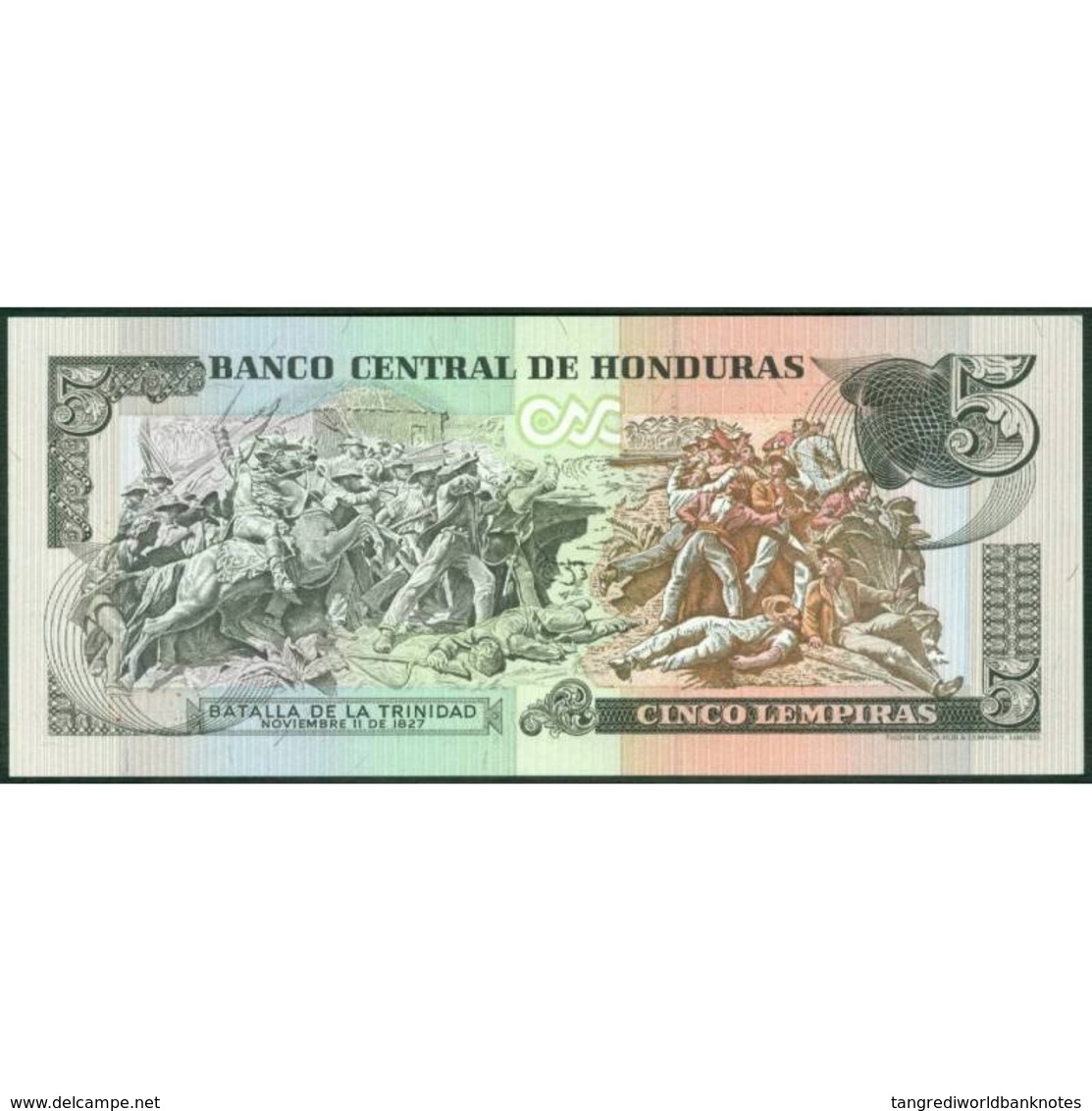 TWN - HONDURAS 63b - 5 Lempiras 30.3.1989 Prefix AE - Printer: THOMAS DE LA RUE & COMPANY, LIMITED﻿ UNC - Honduras