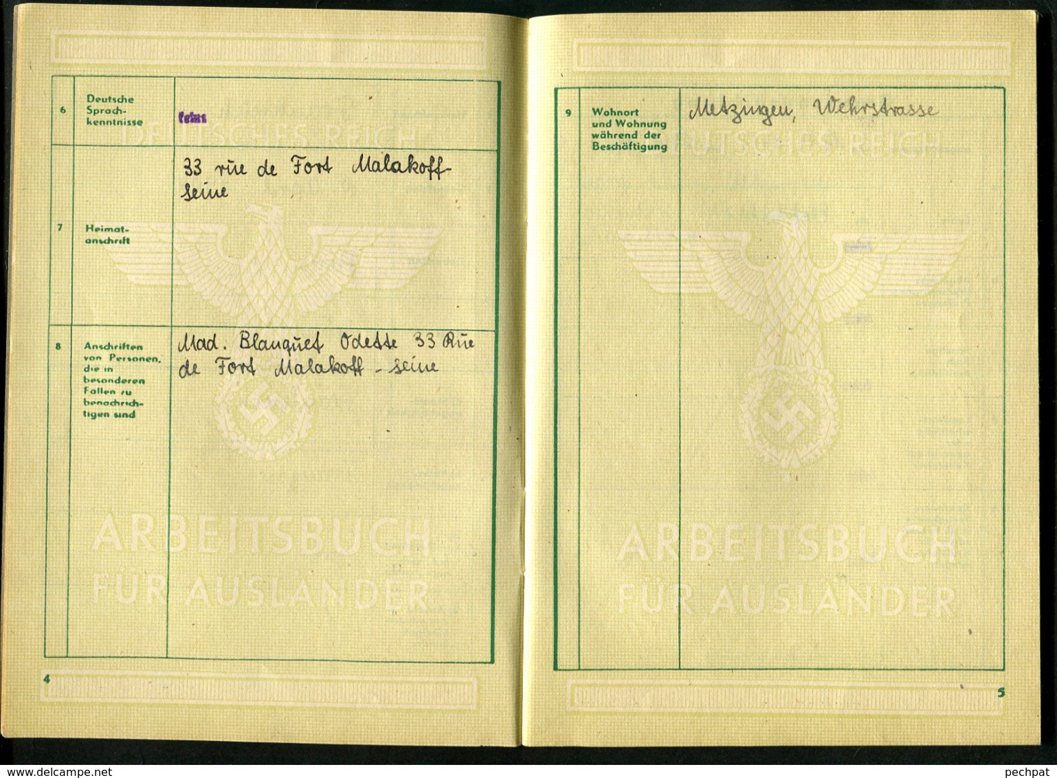 Deutsches Reich Arbeitsbuch Für Ausländer Carnet De Travail D'un Habitant De Malakoff à Metzingen - Documents