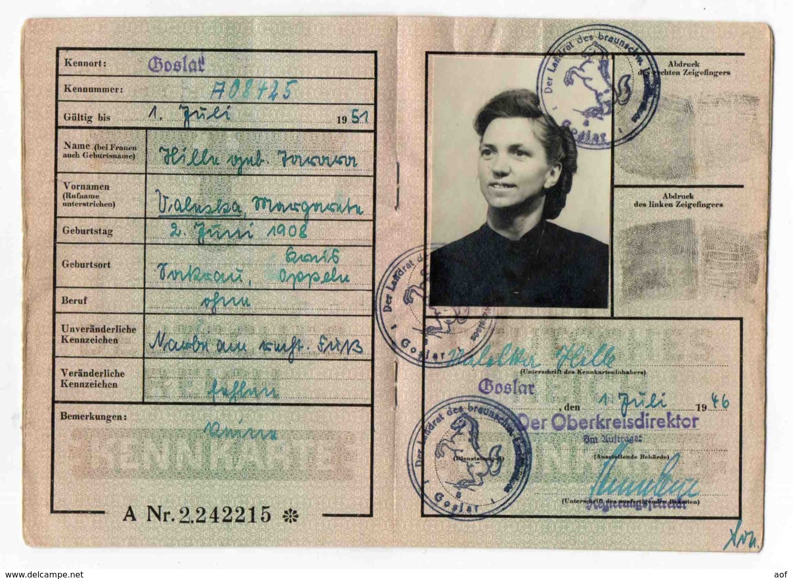 KENNKARTE AUSWEISS Carte D'identité Allemande 1946 Matériel Réutilisé RARE - 1939-45
