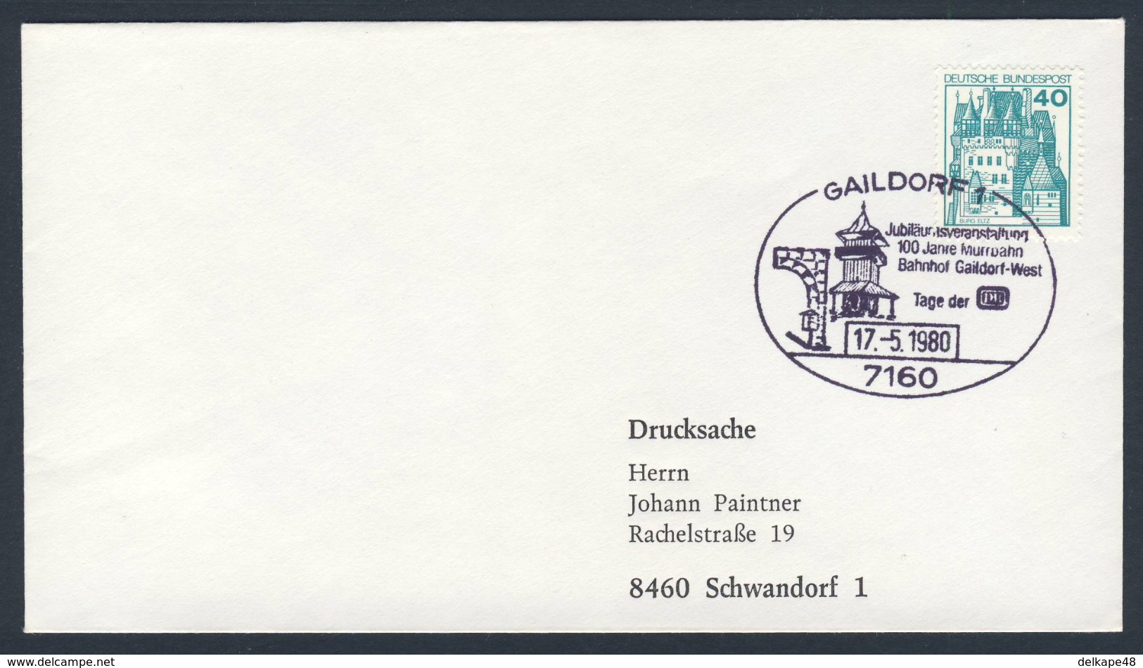 Deutschland Germany 1980 Brief Cover - Jubiläumsveranstaltung 100 Jahre Murrbahn - Bahnhof Gaildorf-West / Exhibition - Treinen