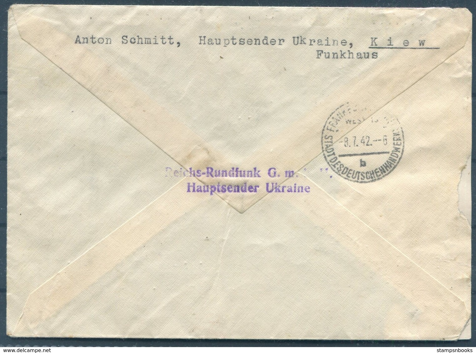 1942 Deutsche Dienstpost Ukraine Registered Kiew Cover - Frankfurt. Reichs Rundfunk G.m.b.H. Sondergruppe Hauptsender - Covers & Documents