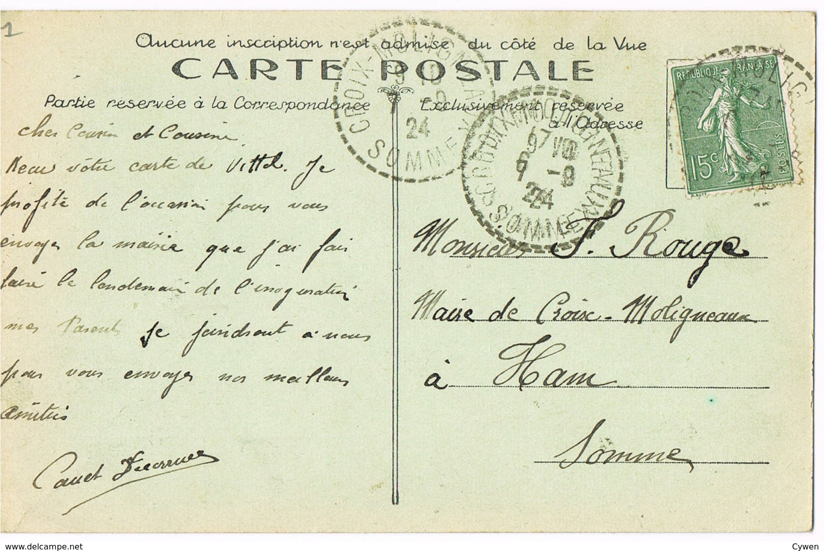 CPA 1 Croix-Moligneaux - La Mairie - Circulé - Année : 1924 - Rouge - Phot./Ed. : Cauet Decoruée / Lelong - Autres & Non Classés
