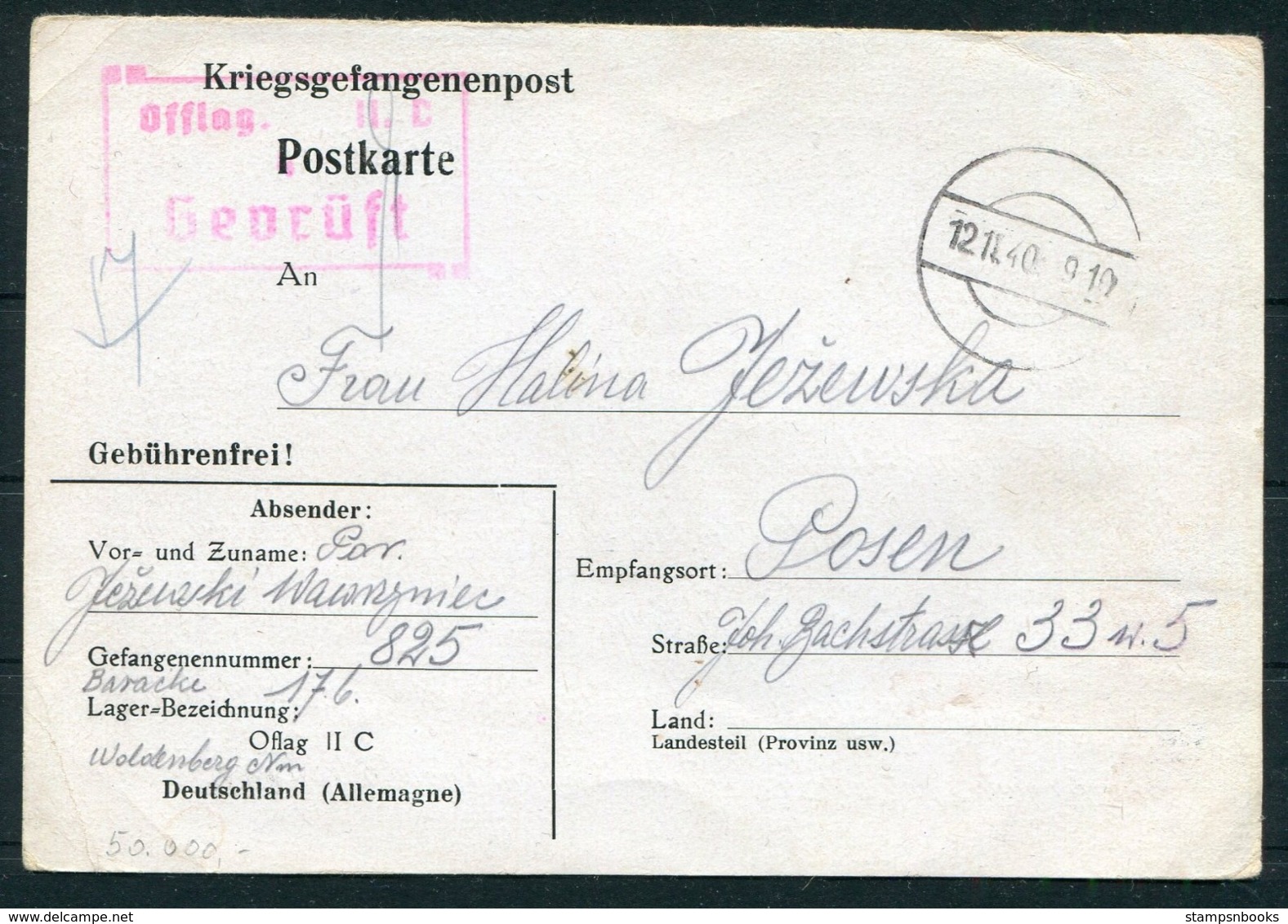 1940 Germany Kriegsgefangenenpost Polish POW Censor Postcard. Oflag II C Dobiegniew / Woldenberg - Posen - Covers & Documents