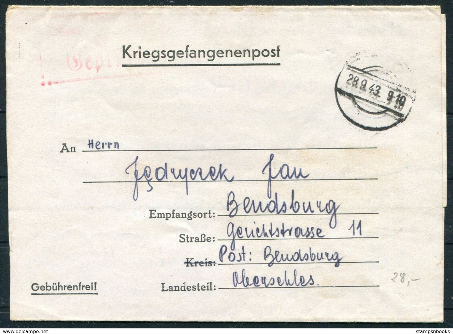 1943 Germany Kriegsgefangenenpost Polish POW Censor Oflag II C Dobiegniew / Woldenberg - Covers & Documents