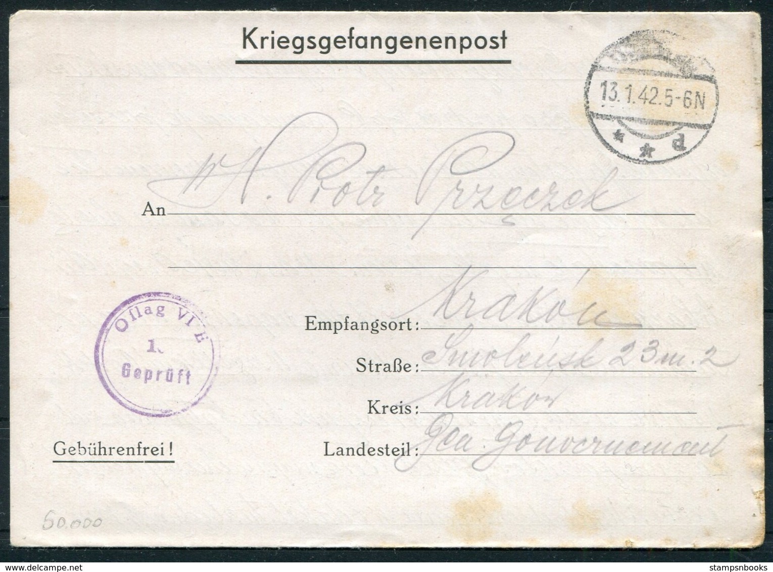 1942 Germany Kriegsgefangenenpost Polish POW Censor Oflag VI-E Dössel Warburg - Krakau - Covers & Documents