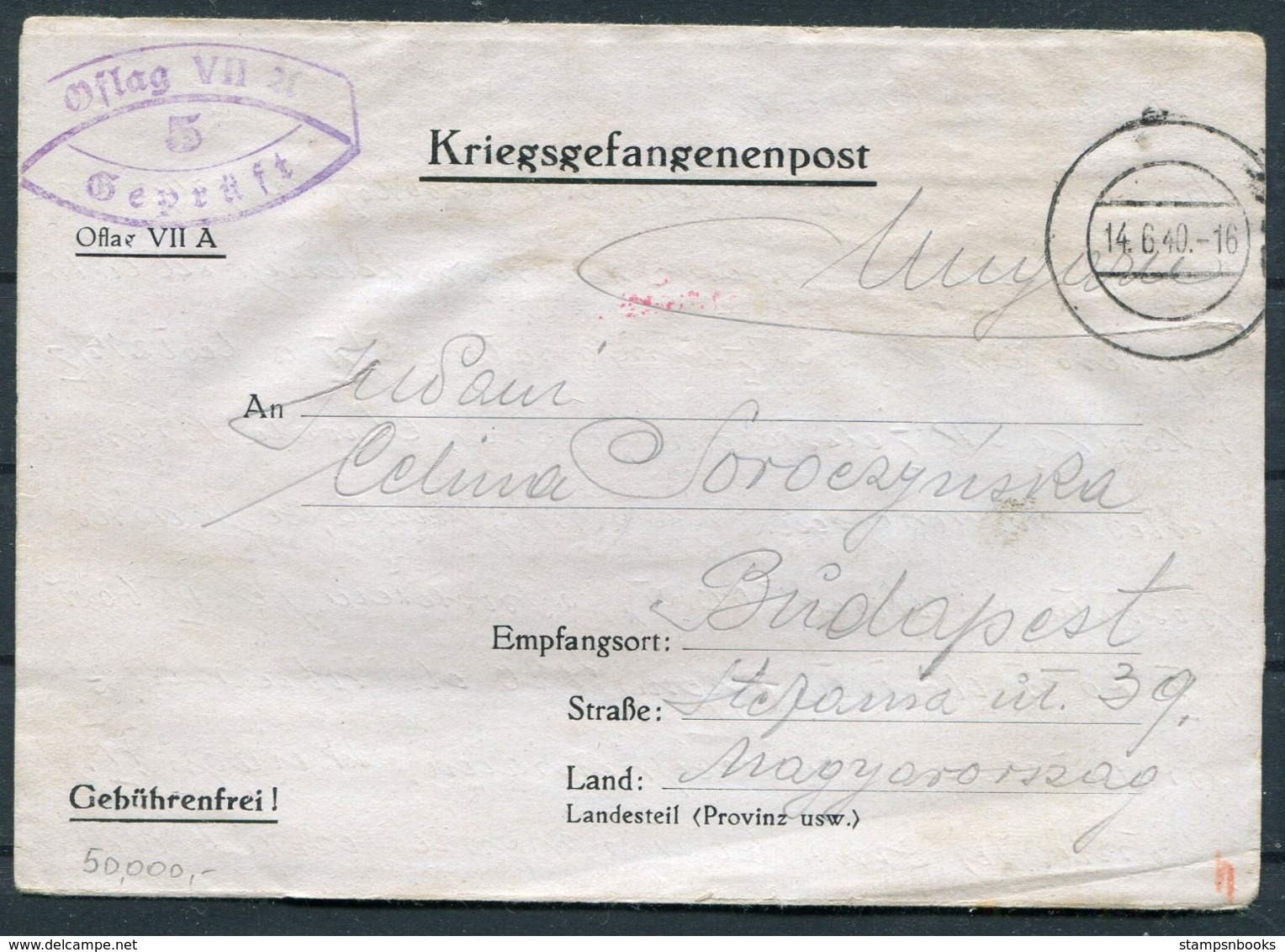 1940 Germany Kriegsgefangenenpost POW Censor Werdenfelser Barracks Oflag VII A Murnau Am Staffelsee - Budapest - Covers & Documents