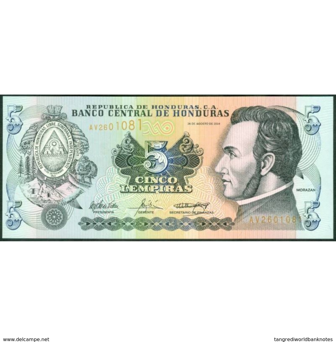 TWN - HONDURAS 85d - 5 Lempiras 26.8.2004 Prefix AV - Printer: CANADIAN BANK NOTE COMPANY LIMITED﻿ UNC - Honduras