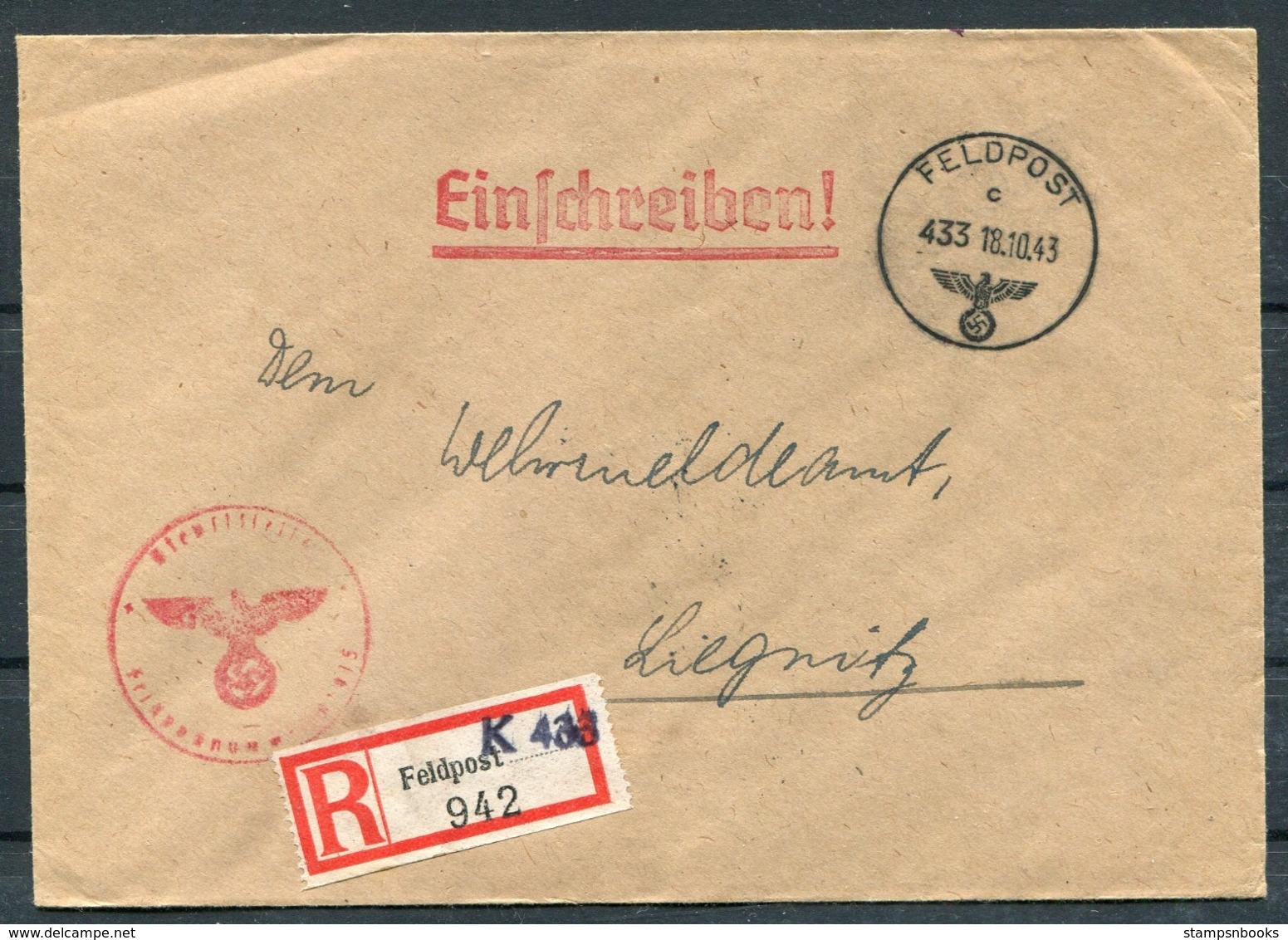 1943 Germany Einschreiben Feldpost Brief / Registered Fieldpost Cover - Liegnitz - Covers & Documents