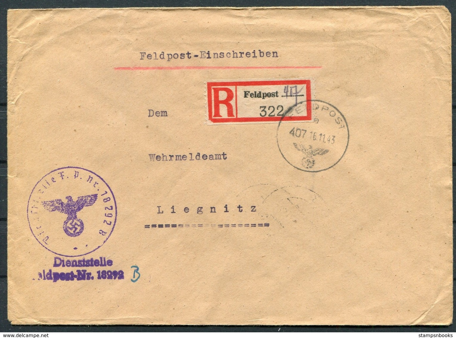 1943 Germany Einschreiben Feldpost Brief / Registered Fieldpost Cover - Liegnitz - Covers & Documents