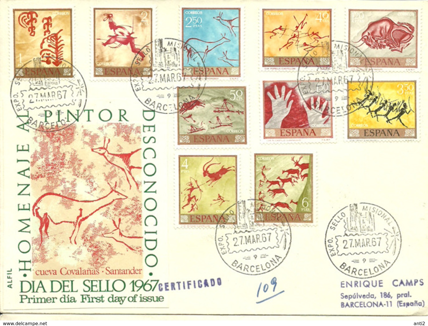 Spain 1967 Painting (XI): Prehistoric Rock Painting; Day Of The Stamp, Mi  1665-1674, FDC - Storia Postale