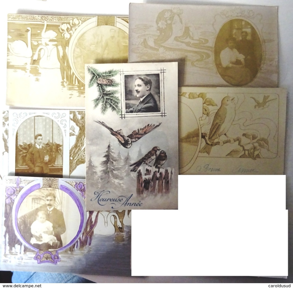 RARE CPA Lot 6x Photo LITHO MONTAGE Homme FEMME Couple En Medaillon Fond Art NOUVEAU Iris Cygne Etang OISEAU FEMME MUCHA - Colecciones Y Lotes