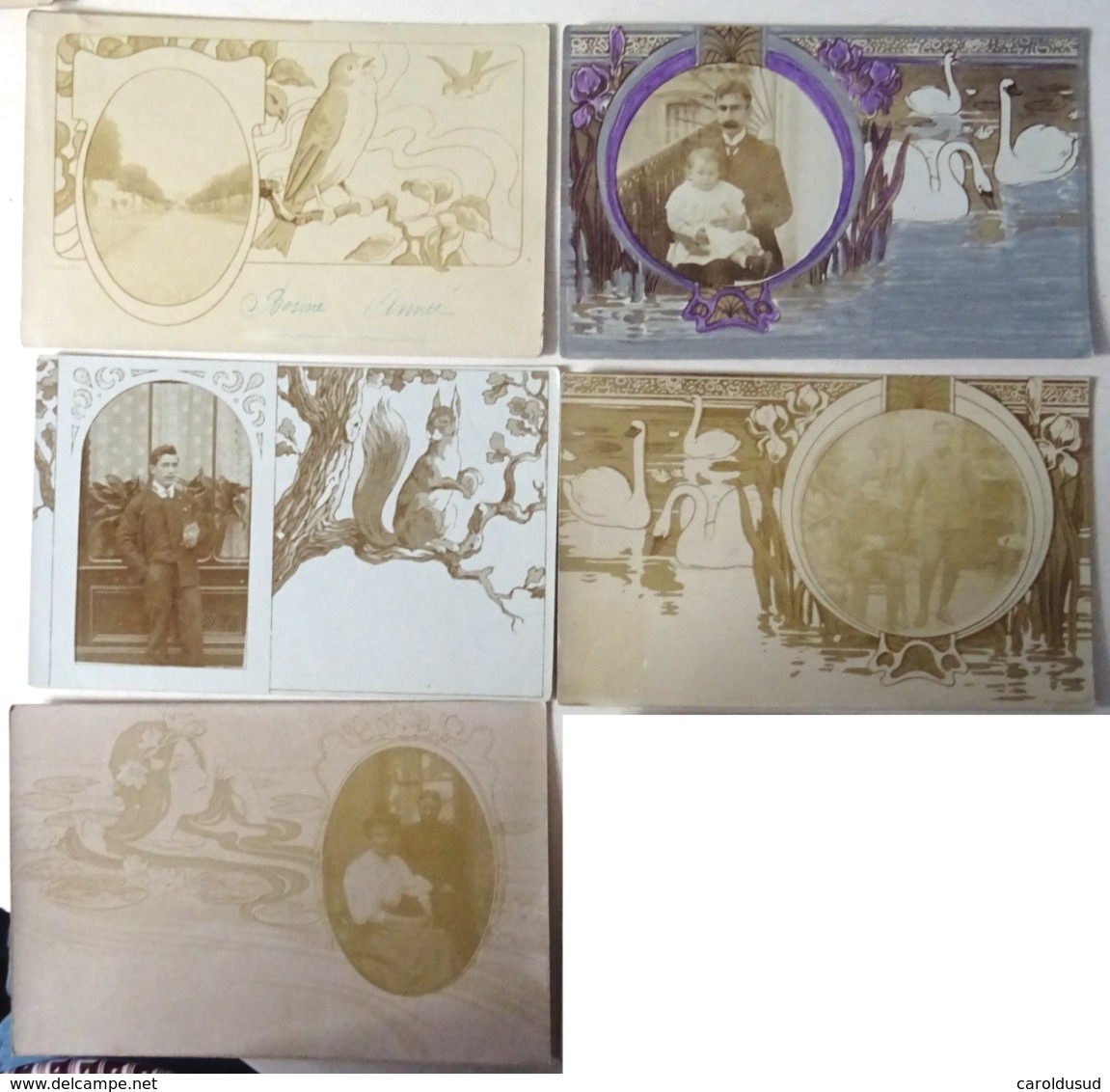 RARE CPA Lot 6x Photo LITHO MONTAGE Homme FEMME Couple En Medaillon Fond Art NOUVEAU Iris Cygne Etang OISEAU FEMME MUCHA - Colecciones Y Lotes