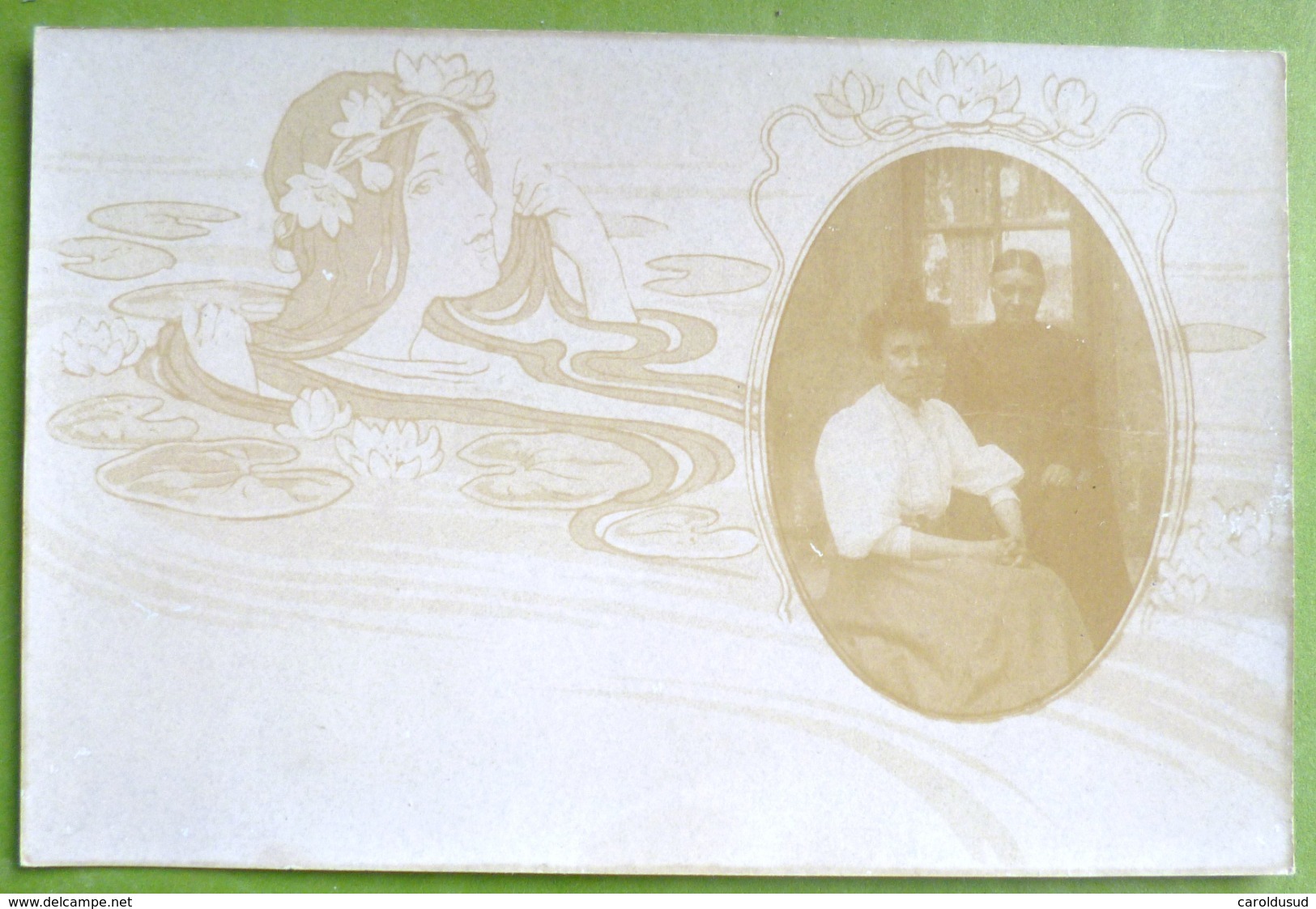 RARE CPA lot 6x photo LITHO MONTAGE homme FEMME couple en medaillon fond art NOUVEAU iris cygne etang OISEAU FEMME MUCHA