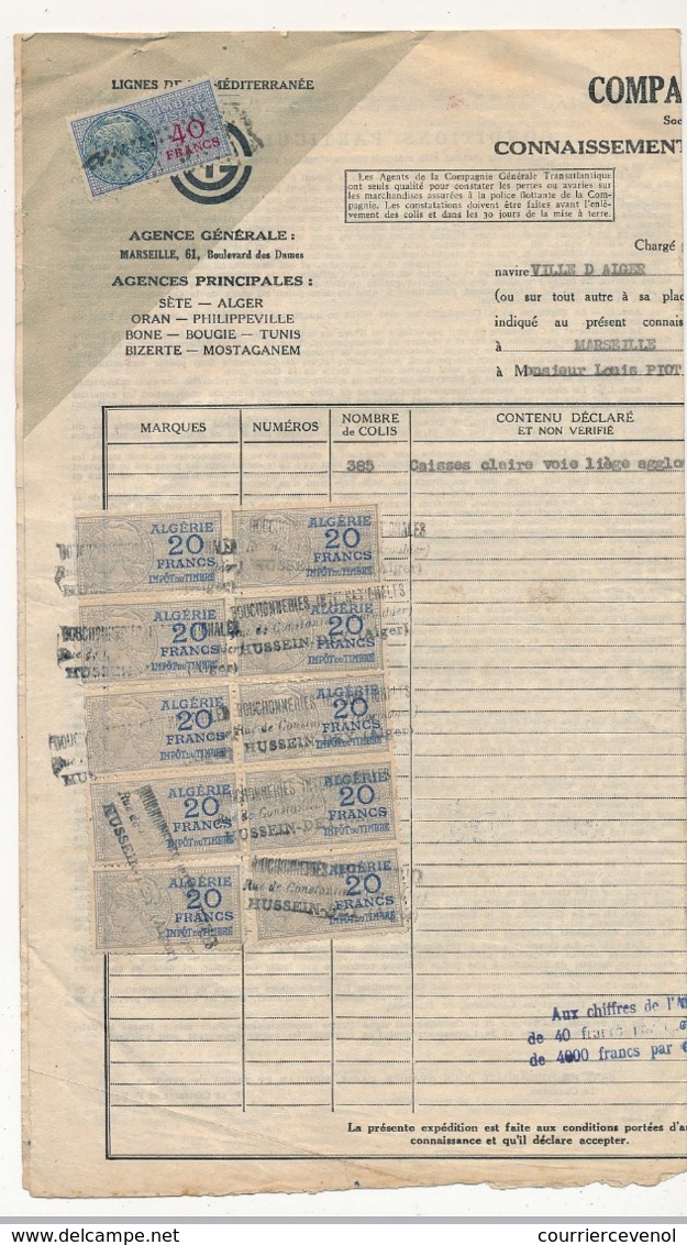 ALGERIE - FISCAUX 20F Type Médaillon De Daussy X 11 Ex (Compagnie Générale Transatlantique - 1949) Sur Doc Entier - Autres & Non Classés