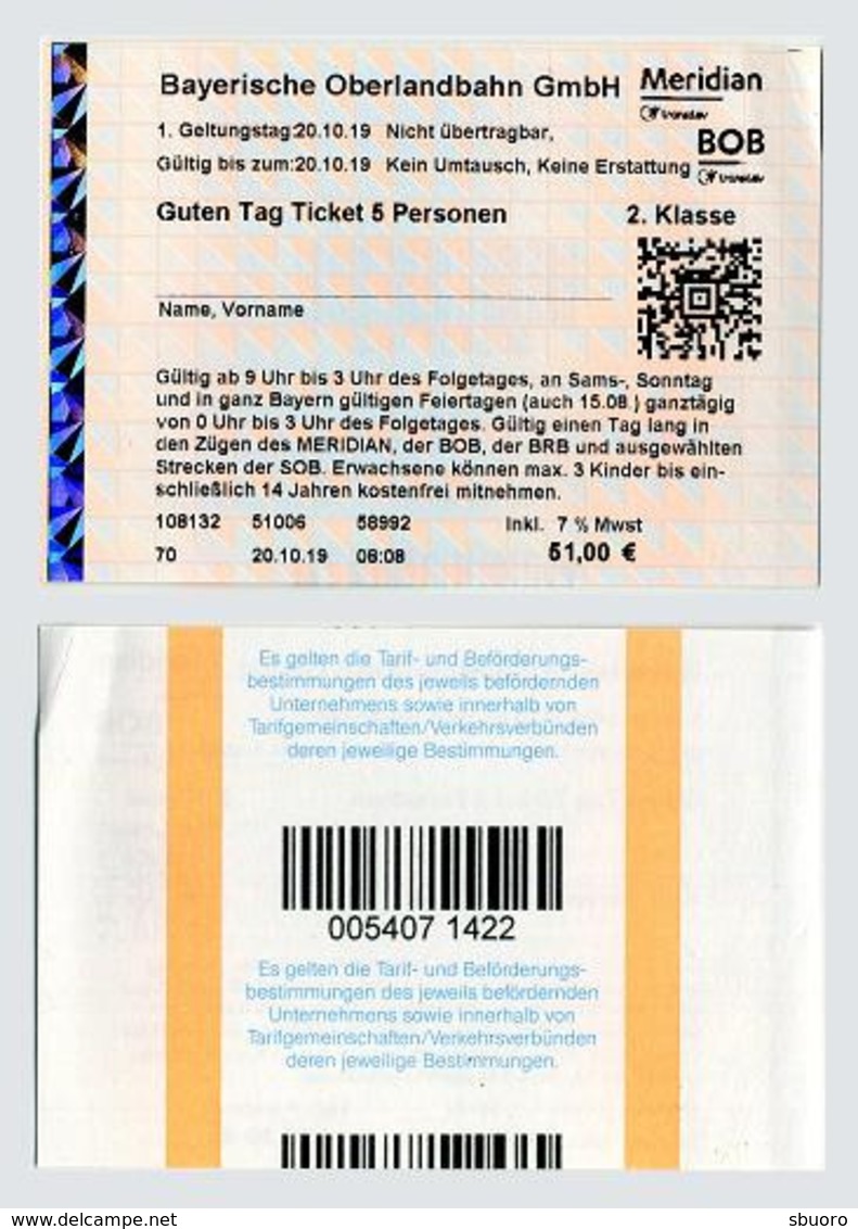 Guten Tag Ticket 5 Personen. 2019. Munich München Monaco. Allemagne Germany Deutschland Tyskland - Europa