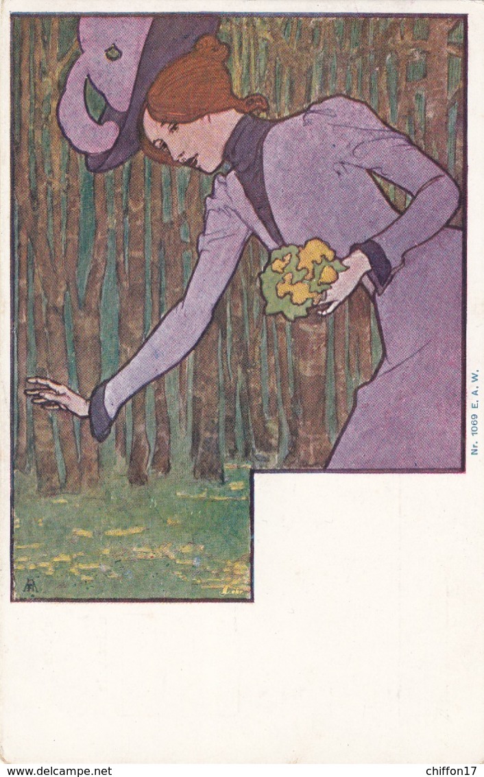 CPA ART NOUVEAU  FEMME   Qui Cueille Des Fleurs   Signature à Déterminer - Other & Unclassified