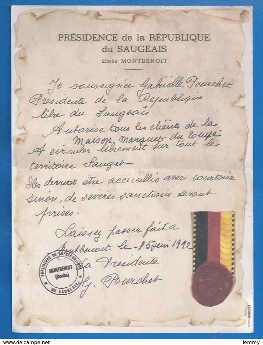 25 - GILLEY - MONTBENOIT - RÉPUBLIQUE DU SAUGEAIS -DÉPLIANT PUBLICITAIRE- LE TUYÉ DU PAPY  GABY  LETTRE DE LA PRÉSIDENTE - Altri & Non Classificati