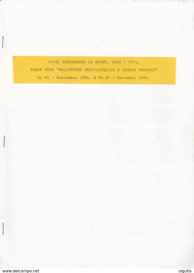 969/25 -- EGYPT Leaflet On CIVIL CENSORSHIP 1940/1973 By B. Trovero - 18 Pages Taken From Bolletino Storio Postale 1994 - Other & Unclassified