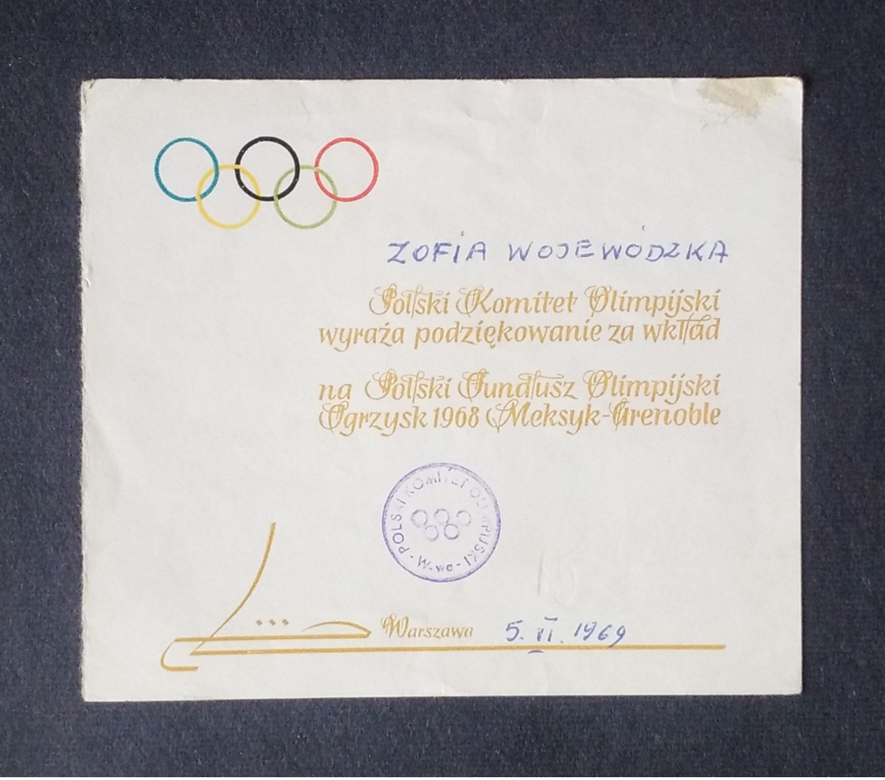 Receipt For Donation Polish Olympic Commitee Reçu Pour Don Comité Olympique Polonais 1969 - Otros & Sin Clasificación