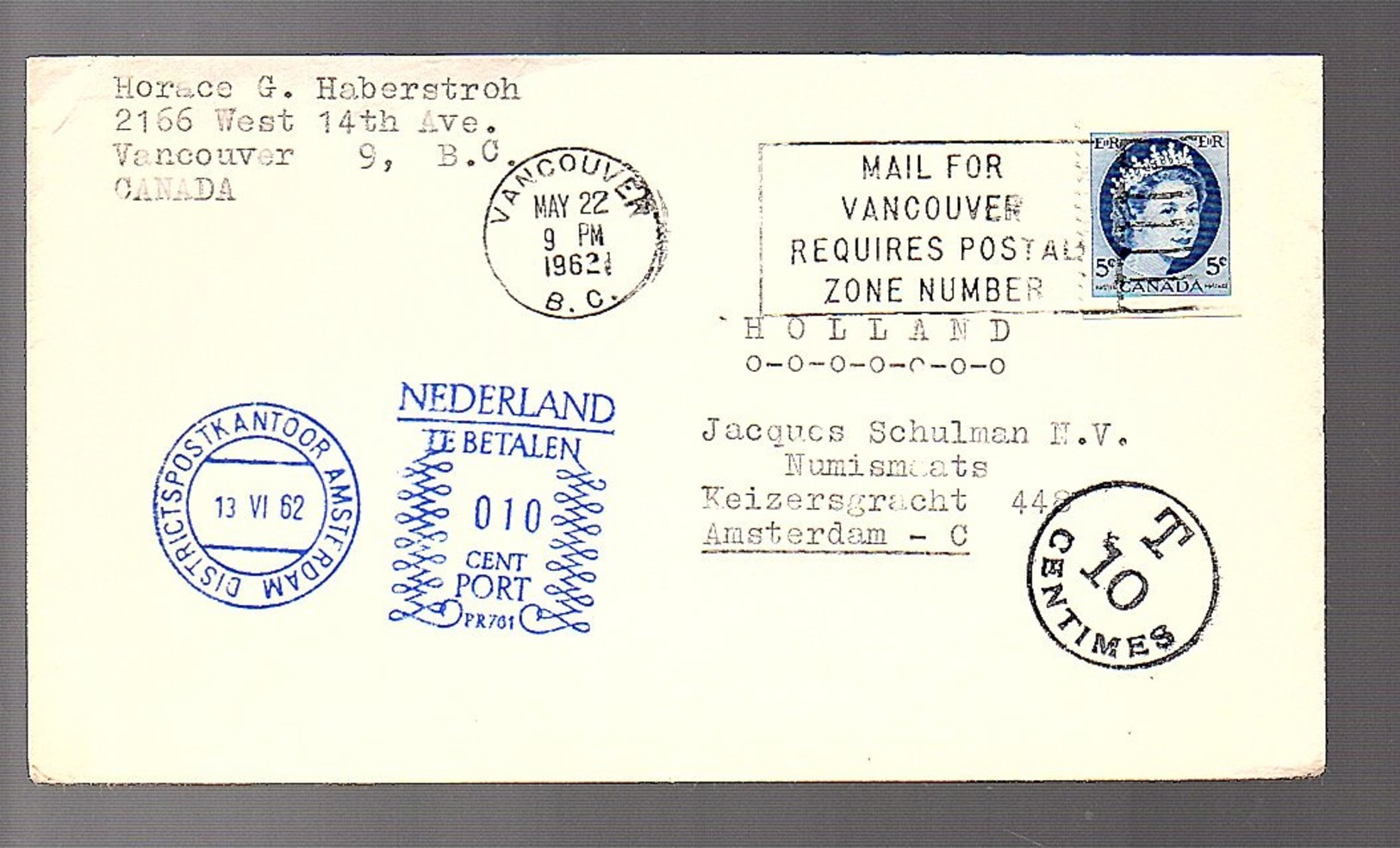 Canada  Vancouver 1962 > POSTAGE DUE > Numismaats Amsterdam Netherlands (FM-44) - Lettres & Documents