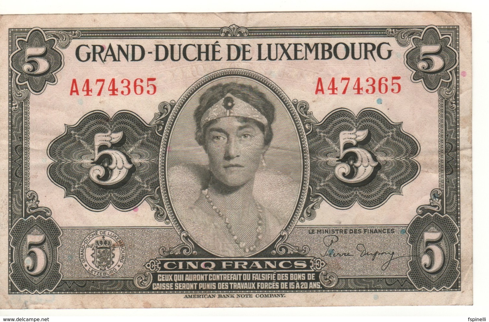 LUXEMBOURG 5 Francs   P43b   (ND 1944) - Luxemburg