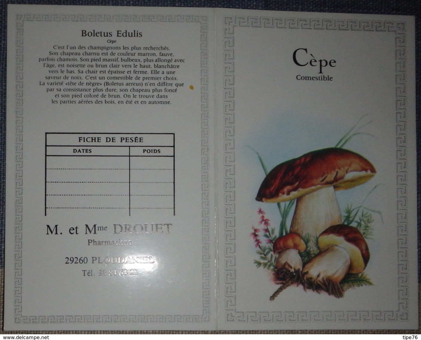 Petit Calendrier De Poche 1987 Champignon  Création Engelhard Angouleme - Cèpe   - Pharmacie Ploudaniel - Tamaño Pequeño : 1981-90