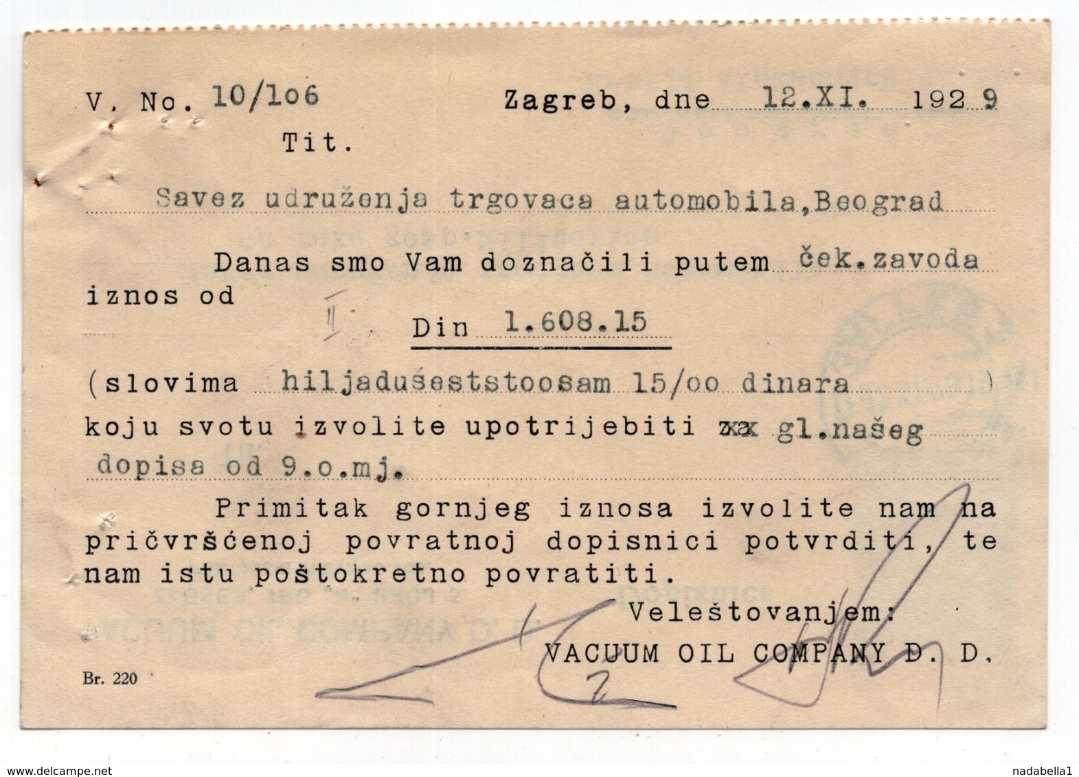 1929 YUGOSLAVIA, CROATIA, ZAGREB, VACUUM OIL COMPANY, CORRESPONDENCE CARD, SENT TO BELGRADE - Storia Postale