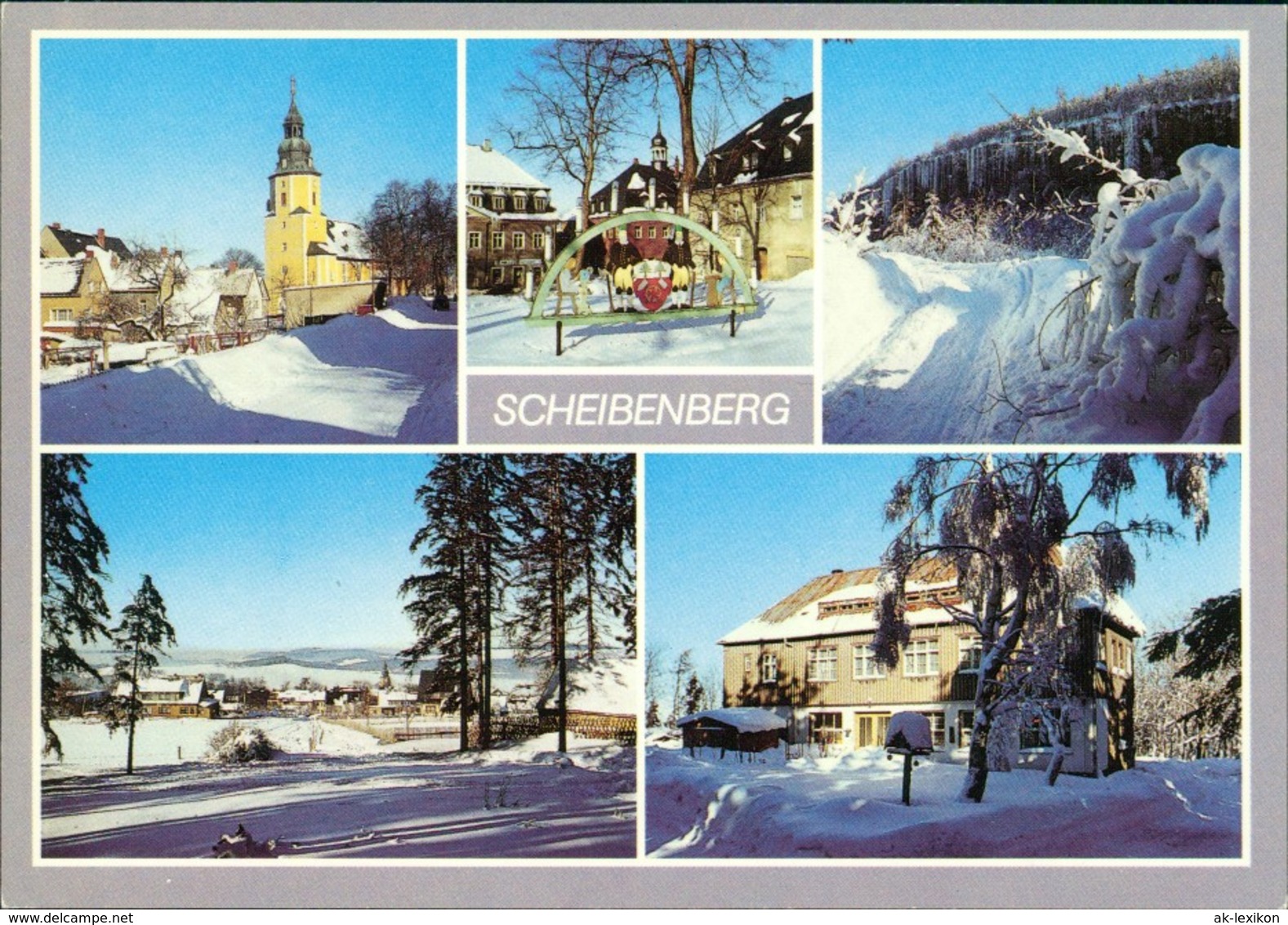 Scheibenberg (Erzgebirge) Kirche, Schwibbogen, Orgelpfeifen, Berggasthof 1989 - Scheibenberg