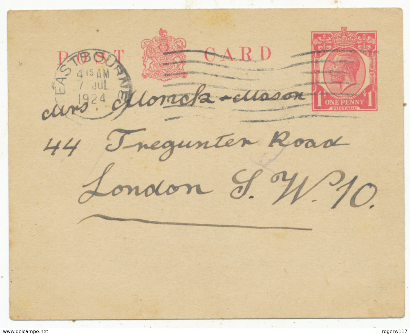 Plain 1924 Postcard, Pre-printed Stamp, To Mrs. T. Monck-Mason, 44 Tregunter Rd - Other & Unclassified