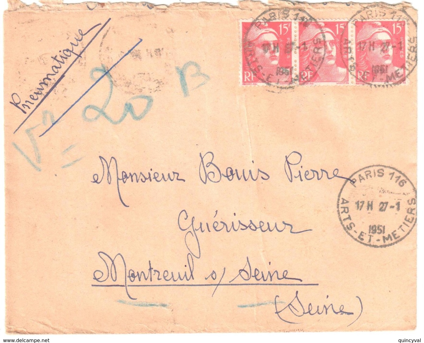 PARIS 116 Arts-et-Métiers 15 F Gandon Rouge Yv 813 Ob 27 1 1955 Dest Montreuil Sous Bois - Briefe U. Dokumente