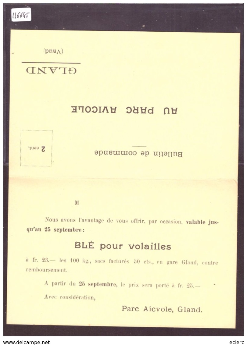 DISTRICT DE NYON - CARTE DOUBLE - GLAND - PARC AVICOLE - COMMANDE DE BLE POUR VOLAILLES - TB - Gland