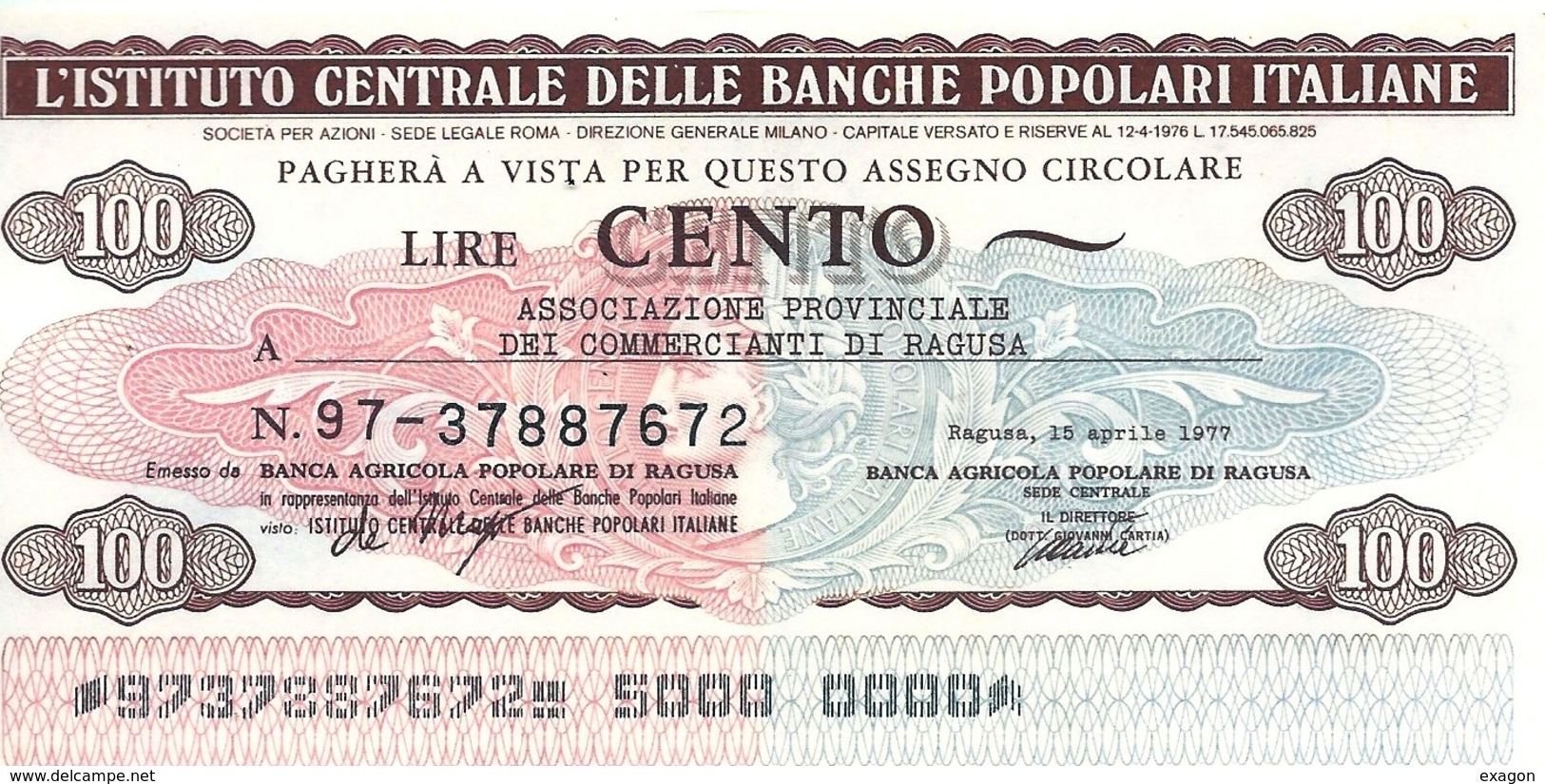 Miniassegno Di  £. 100 - Istit. Centr. BANCHE POPOLARI ITALIANE - Ragusa  15 Aprile 1977. ANNO 1977 - [10] Assegni E Miniassegni