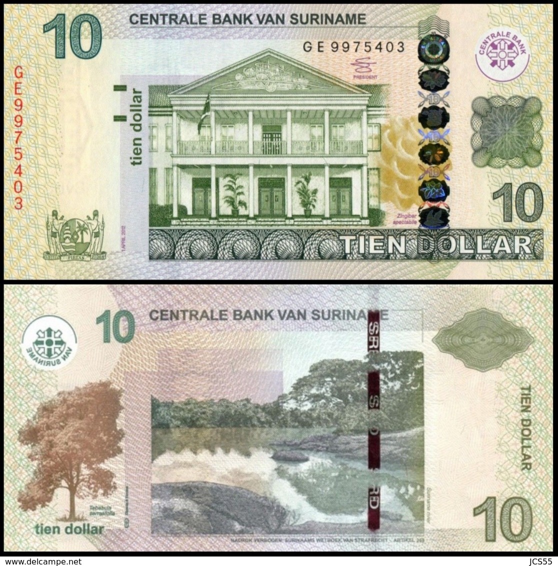 Suriname  -  10  Dollars  P163b  2012  Unc - Surinam