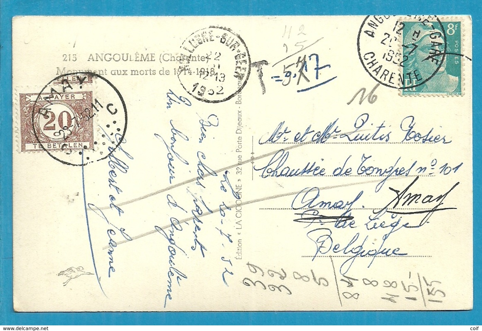 Kaart Vanuit Angouleme (France) , Getaxeerd (taxe) Met TX 34 Stempel AMAY, Via Stempel HOLLOGNE-SUR-GEER - Covers & Documents